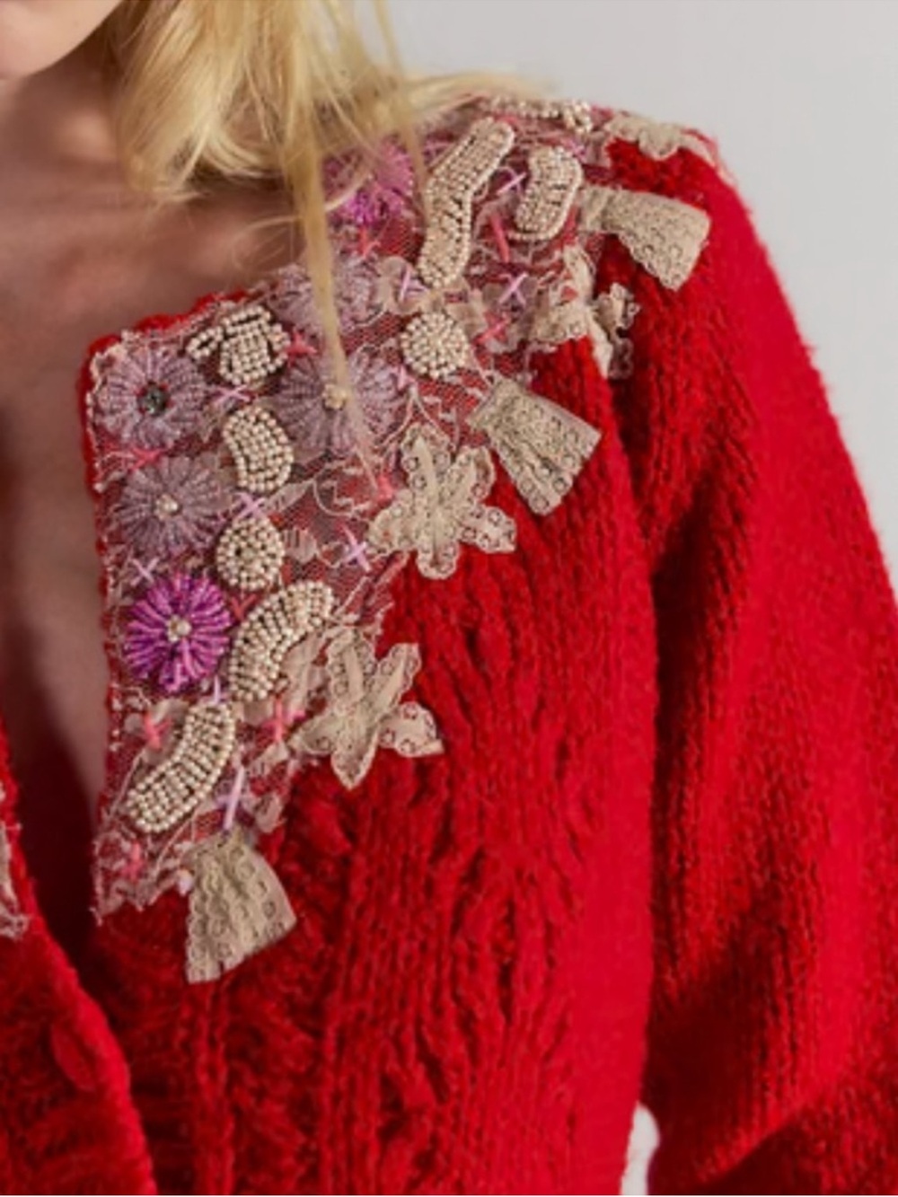 Free People Red Cropped Cable Knit Cardigan with Embellished Collar
